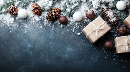 Aufkleber - A charming mix of pine branches, glittering ornaments, snow-dusted pinecones, and gift boxes sets a festive winter mood for seasonal celebrations