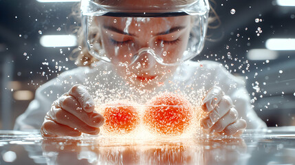 Poster - a scientist observes glowing spheres inside a clear container. the image evokes scientific discovery