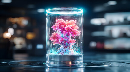 Poster - A vibrant coral-like structure contained within a cylindrical glass vessel. Futuristic lab concept ideal for science fiction media or digital art projects.