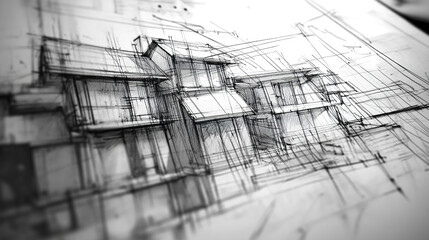 Poster - Innovative architectural sketch showcasing modern house design with intricate lines and details