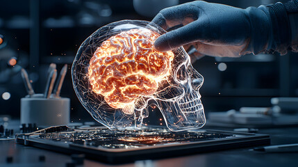 Poster - A digital illustration of a glowing brain inside a transparent skull being held by a gloved hand. Suggests advanced medical technology or scientific study.