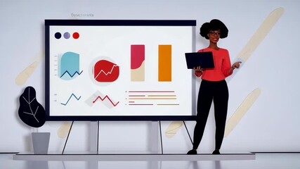 Poster - Confident presenter analyzing data trends on interactive screen in modern office