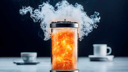 Poster - An image depicts a glowing battery with smoke. Suggests energy storage risks or failure. Use this for tech or innovation concepts perhaps.
