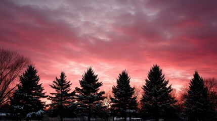 Aufkleber - Silhouetted evergreens stand tall on a snow-blanketed landscape, framed by a striking crimson sunset that paints the winter sky beautifully