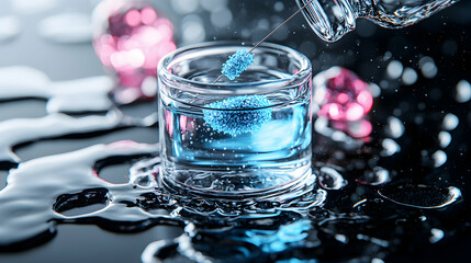 Poster - A close-up shot of scientific experimentation features a beaker of liquid with suspended crystals. This imagery evokes a sense of research and discovery suggesting laboratory applications.