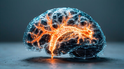 Poster - an artistic representation of a brain highlighting neural pathways. suggests complex cognitive proce