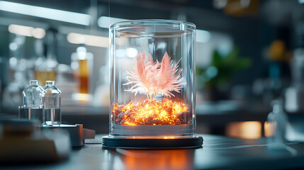 Poster - A vibrant laboratory scene featuring glowing feathers within a glass enclosure. Suggests advanced scientific exploration or conceptual artwork. Suitable for futuristic tech visuals.