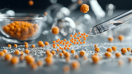 Poster - microscopic world showing orange spheres being studied through a pipette potentially related to medi
