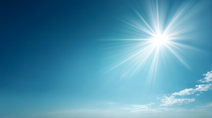 Fototapete - a clear summer sky reveals a vibrant sun emitting light rays, creating subtle lens flares and a beau