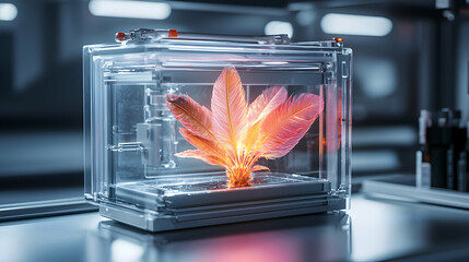 Poster - a futuristic 3d printing concept showing a glowing plant inside a transparent enclosure suggesting b
