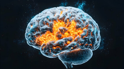 Poster - a glowing brain visualization showcasing neural activity. suggests brain function research or medica