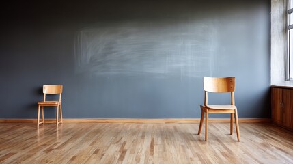 Aufkleber - Low-angle view of a matte slate-gray board with chalk dust, featuring two wooden chairs in a spacious and well-lit setting designed for minimalist aesthetics