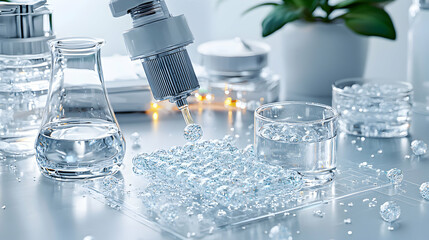 Poster - scientific illustration shows experimental solutions. this image suits medical or cosmetic product a