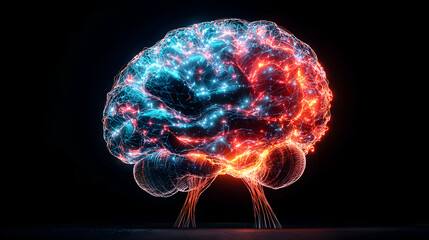 Poster - A vibrant illustration of a brain with glowing neural pathways. Suitable for science articles presentations or educational materials. It represents cognitive processes.
