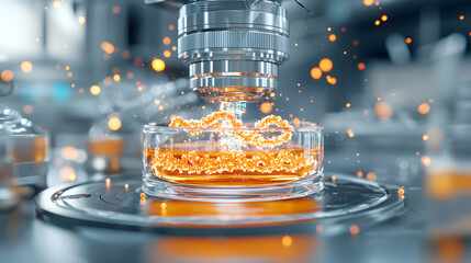 Poster - a futuristic scientific setup examining a chemical substance possibly for medical or research purpos