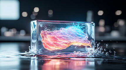 Poster - An artistic depiction of energy frozen within a transparent cube. Suggests power and containment with vibrant colors and water effects. Useful for sci-fi themes.