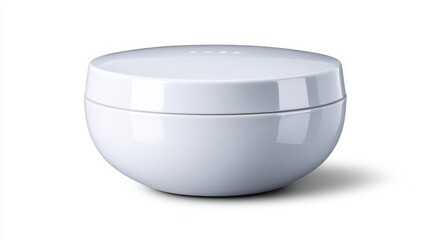 Poster - Minimalist white earbud case features a smooth matte finish, displayed at a dynamic angle against a clean background, ideal for tech product promotion