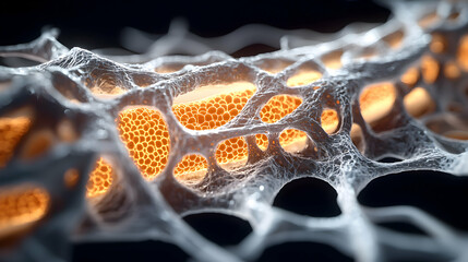 Poster - An artistic rendering of a porous biological structure with glowing cellular components. This could represent bone or tissue structure used for medical visualizations.