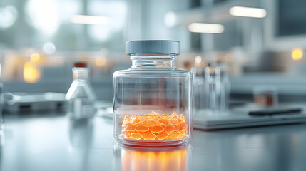 Poster - a close-up shot of a glass jar containing glowing orange cells on a lab bench. it evokes scientific 