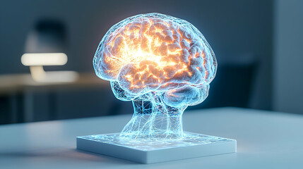Poster - A futuristic glowing brain model on a table representing human intellect and artificial intelligence. Great for educational resources or tech marketing visuals.