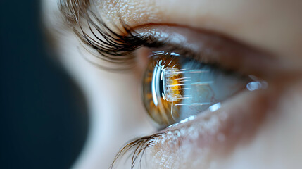 Poster - This image showcases a futuristic concept of an eye with a bio-integrated device potentially enhancing vision. Useful for sci-fi themes medical advancements vision technologies.