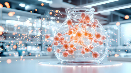 Poster - A conceptual image depicting molecular structures inside a glass jar. Could represent scientific research or pharmaceutical development. Ideal for educational content or lab-related visuals.