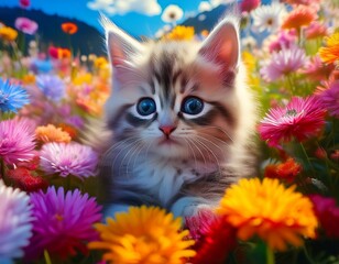  Katzenbaby im Blumenmeer