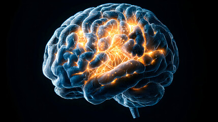 Poster - A digital illustration showing a glowing brain highlighting neural activity. Suitable for medical research educational materials and science presentations.