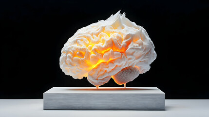 Poster - This artistic image depicts a glowing brain model resting on a stack of paper. It suggests a focus on thought ideas and innovation. Use it for science technology or education.