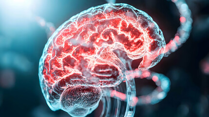 Poster - An artistic representation of a brain. Glowing red and blue light illustrates neural activity suggesting innovation understanding and complex thoughts. This image could be used for educational and sci