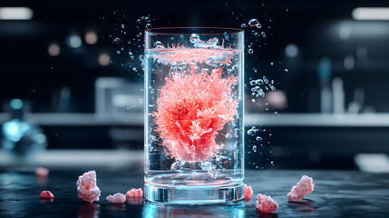 Poster - A glass of water showcasing a vibrant coral-like structure. Suitable for health science visuals or abstract art. It may symbolize transformation.