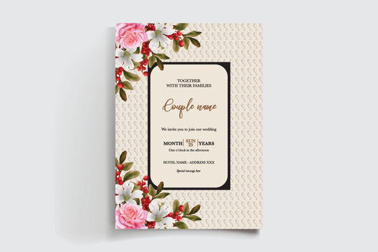 WEDDING INVITATION FRAME WITH FLOWER DECORATIONS AND FRESH LEAVES
