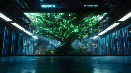 Poster - A futuristic data center with a giant glowing tree. Suggesting a merge of technology and nature for sustainable energy storage. Green tech design.