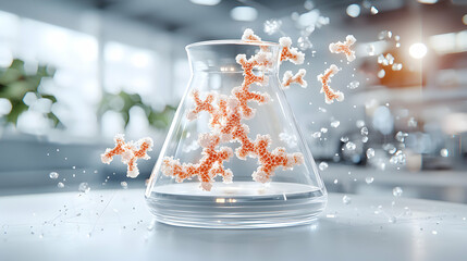 Poster - Image depicts a science-themed composition featuring a flask with molecular structures. Suggests scientific research. Application in medical science or educational materials.