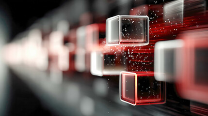 Fototapete - Abstract motion graphic of glowing red and white digital cubes floating in space, symbolizing data and futuristic tech