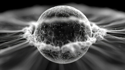 Poster - Abstract sphere formed by glowing neural connections and fine digital threads, floating in black space