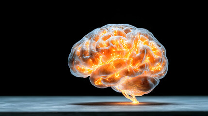 Poster - A glowing digital brain illuminated by electric energy. Use for educational materials about the brain or mental health campaigns representing cognitive functions.
