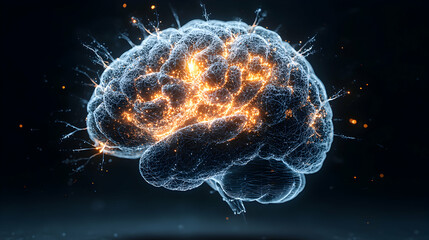 Poster - An artistic depiction of a brain with glowing energy patterns. Suggesting concepts like intelligence creativity and the power of thought for educational or scientific content.