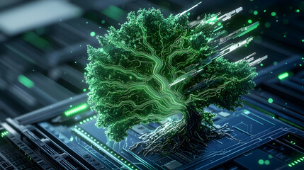 Poster - A digital tree rooted in technology symbolizing interconnectedness sustainable innovation and green computing. Ideal for tech or environmental designs.