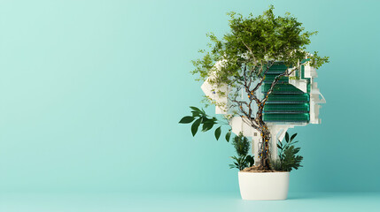Poster - A conceptual art piece blending nature and technology A potted tree merges with circuit board elements symbolising interconnectedness. Apply to tech related sustainability projects.
