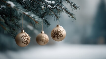 Poster - Close-up shot of frosted glass ornaments suspended from a pine branch, softly illuminated by warm light, with gentle snowflakes resting on the green needles