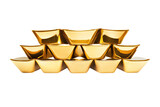 Ancient Chinese gold bars shining yellow isolated on cutout PNG or transparent background.  Business flourishes bring in wealth and treasure. Words on gold bar is chinese words which means.