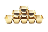 Ancient Chinese gold bars shining yellow isolated on cutout PNG or transparent background. Words on gold bar is chinese words which means to business flourishes bring in wealth and treasure.