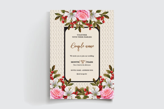 WEDDING INVITATION FRAME WITH FLOWER DECORATIONS AND FRESH LEAVES