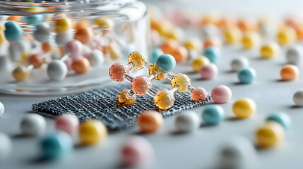 Poster - A macro shot of molecules and colorful spheres suggesting scientific research. Suitable for educational materials or science fiction concepts.