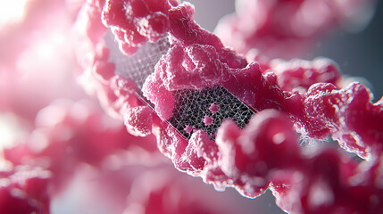 Poster - an abstract digital rendering depicts cellular structures. it suggests microscopic biological proces