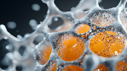 Poster - macro view of a cellular structure with orange spheres. suggests advanced technology or scientific i