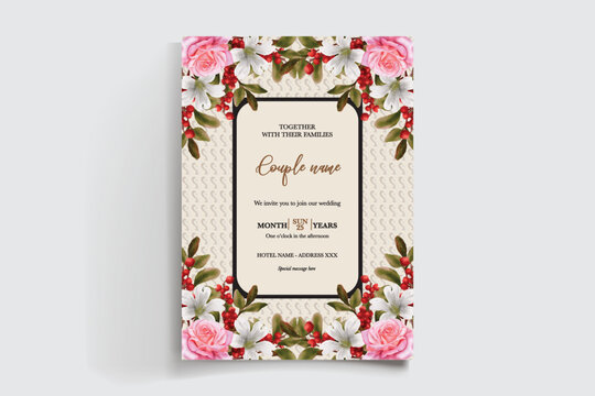 WEDDING INVITATION FRAME WITH FLOWER DECORATIONS AND FRESH LEAVES