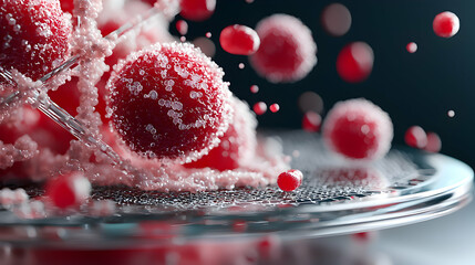 Poster - A microscopic view of cells possibly cancerous showing intricate structures and scientific details. Suggests use in medical research or educational materials.