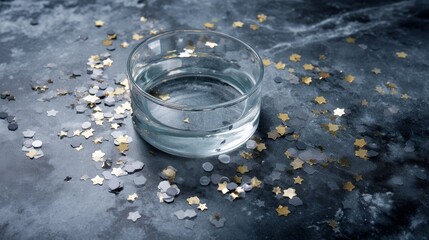 Poster - Sparkling crystal cocktail glass placed on a dark marble surface, surrounded by gold foil stars and sequins, creating a festive and glamorous atmosphere